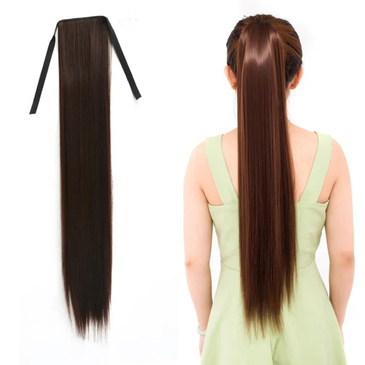 Queue de cheval naturelle longue et droite de style bandage pour femmes, longueur : 75 cm, 75 cm