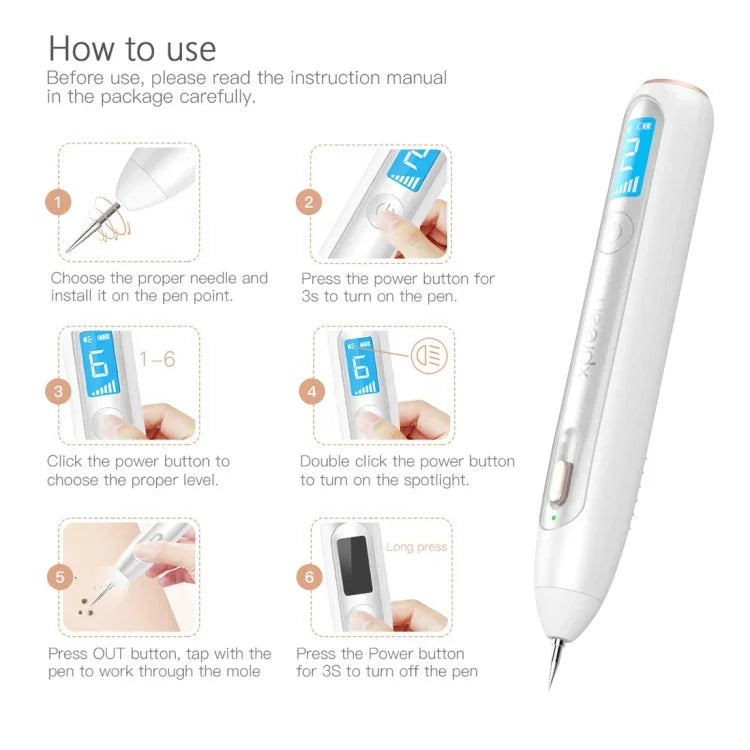 XPREEN XPRE051 Stylo professionnel sans fil rechargeable pour l'élimination des grains de beauté, taches de rousseur, taches sombres, tatouages, verrues, et des excroissances cutanées, avec écran LED et projecteur