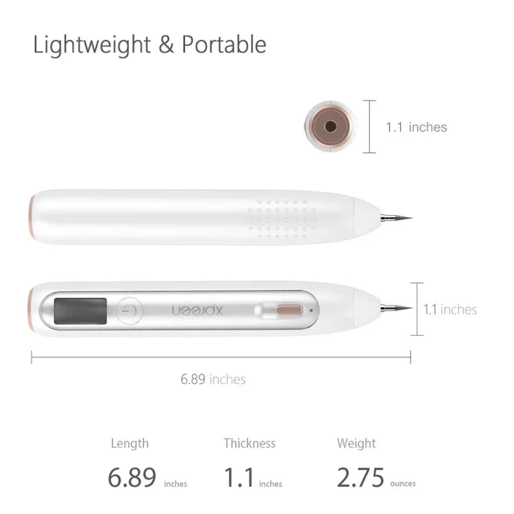 XPREEN XPRE051 Stylo professionnel sans fil rechargeable pour l'élimination des grains de beauté, taches de rousseur, taches sombres, tatouages, verrues, et des excroissances cutanées, avec écran LED et projecteur