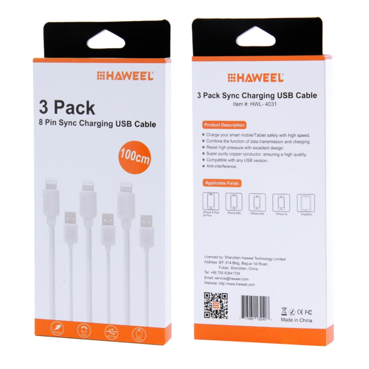 3 CÂBLES HAWEEL 1m Haute Vitesse 8 broches vers USB Kit de synchronisation et de charge pour iPhone, iPad, 3 pièces