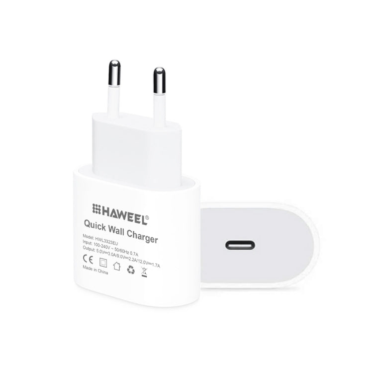 Chargeur de voyage HAWEEL PD 20W à interface USB-C / Type-C unique QC, supporte le protocole QC complet, prise EU, chargeur QC prise EU