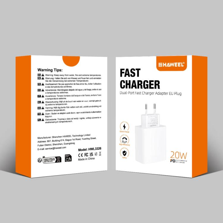 Adaptateur de charge rapide double port HAWEEL 20W, prise EU, chargeur double port prise EU