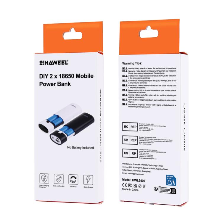 HAWEEL DIY Boîtier de Batterie Externe 2x 18650 (Non Inclus) 5600mAh avec Sortie USB et Indicateur, DIY 2 Batteries (Noir), DIY 2 Batteries (Blanc)