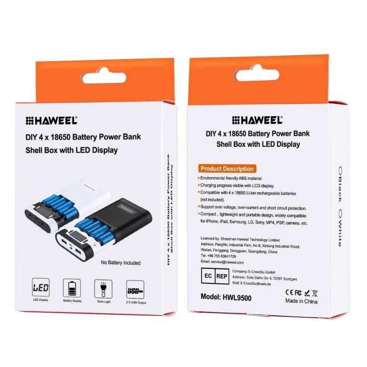 Boîtier de batterie HAWEEL DIY 4 x 18650 (batteries non incluses) 10000mAh Power Bank avec 2 sorties USB et affichage pour iPhone, Galaxy, Sony, HTC, Google, Huawei, Xiaomi, Lenovo et autres smartphones, DIY 4 x 18650 10000mAh Batterie (US)