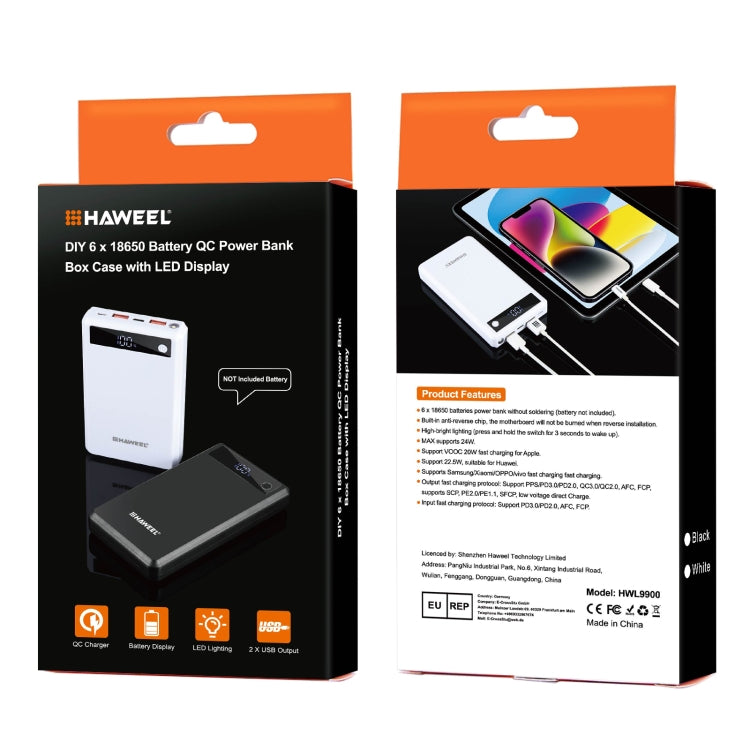 Boîtier de batterie externe HAWEEL DIY 6 x 18650 24W charge rapide avec écran, sans batterie, 6 x 18650 Batterie
