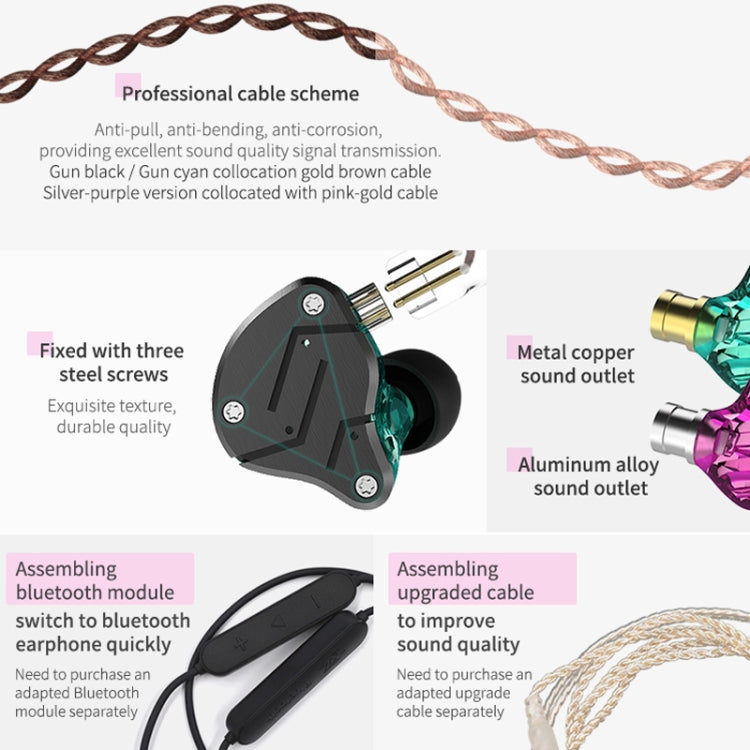KZ ZSN Écouteurs intra-auriculaires HiFi à commande filaire, quad-core, avec armature mobile et mégabasse, sans microphone