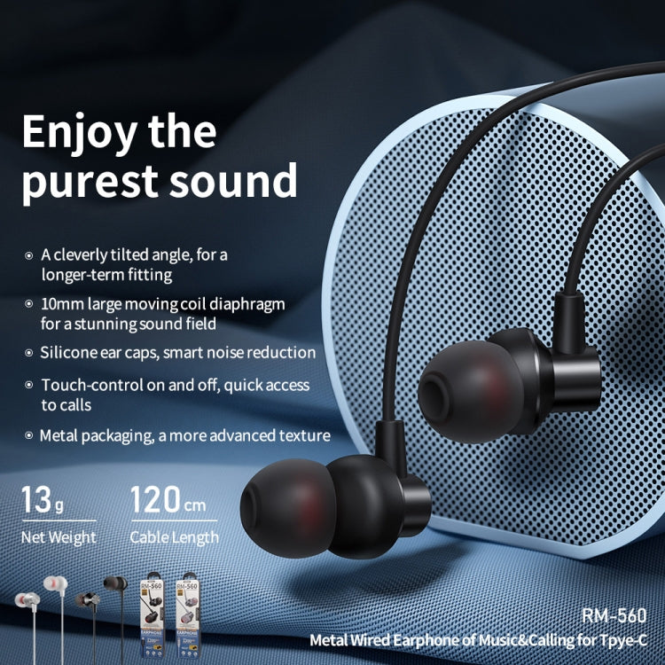 REMAX RM-560 Écouteurs stéréo intra-auriculaires en métal avec câble Type-C, contrôle filaire + micro, support mains libres, non compatible avec téléphones Samsung
