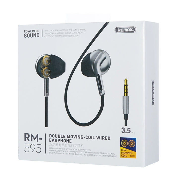 Écouteurs Stéréo Intra-auriculaires REMAX RM-595 3.5mm à Broche Dorée, en Métal à Double Action, avec Commande Filaire + Micro, Prise en Charge des Appels Mains Libres