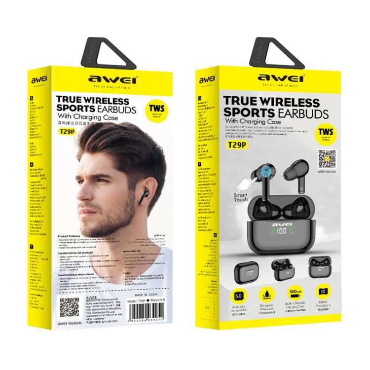 awei T29P Bluetooth V5.0 Écran numérique LED Casque TWS de sport véritablement sans fil étanche IPX4 avec étui de chargement