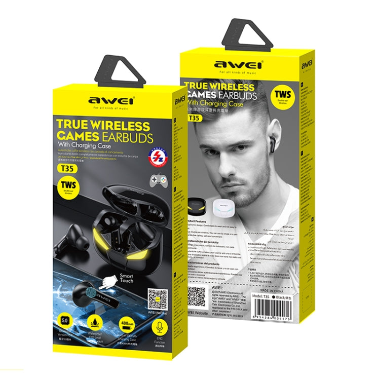 Casque TWS awei T35 Bluetooth V5.0 Ture sans fil, mode double sport et jeu, étanche IPX5 avec étui de chargement