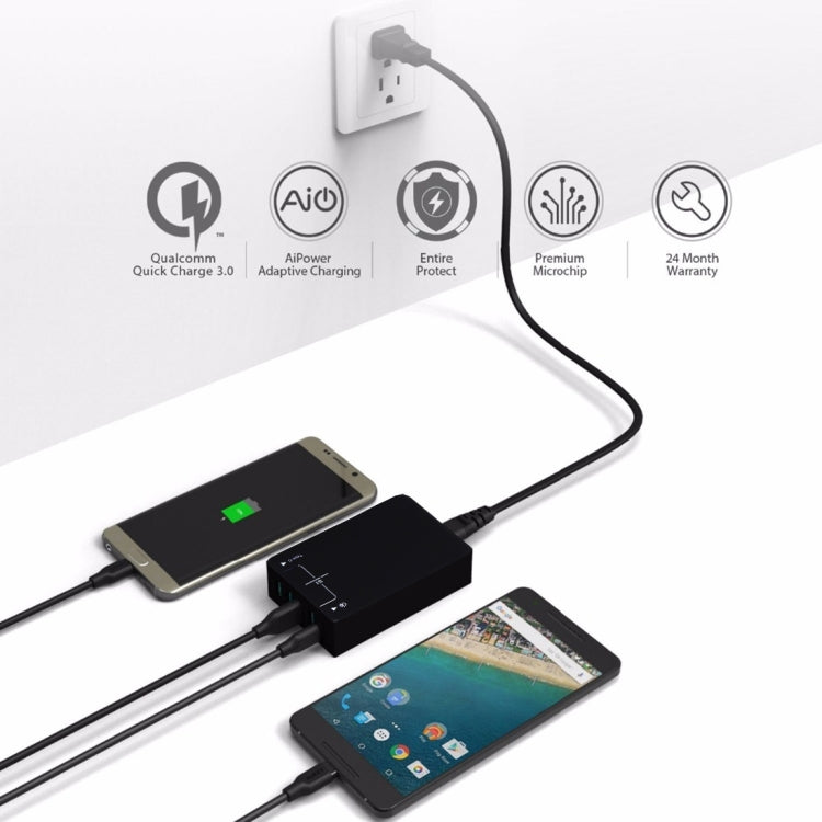Q8118 1 Charge Rapide 3.0 + 4 USB à Identification Intelligente + 1 Chargeur USB de Bureau USB-C / Type-C 3.1