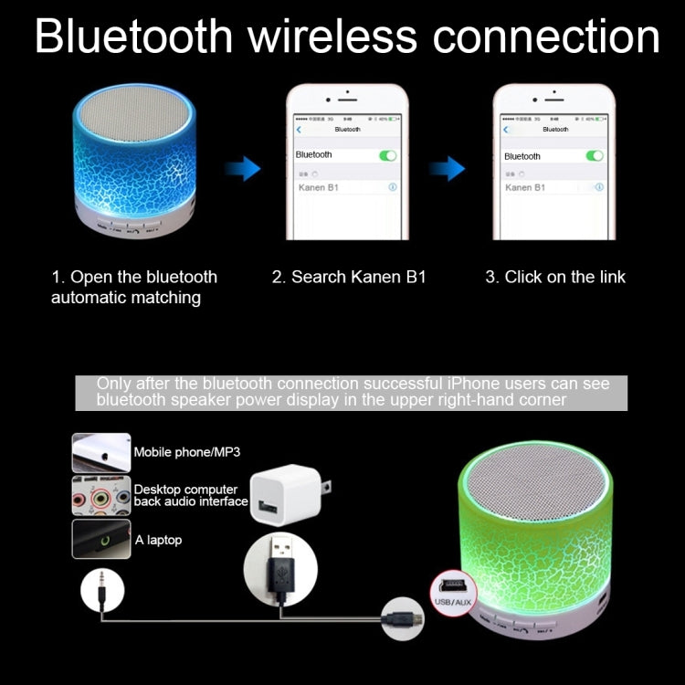 Haut-parleur stéréo Bluetooth A9 Mini portable anti-éblouissement avec lumière LED, micro intégré, support des appels mains libres et carte TF