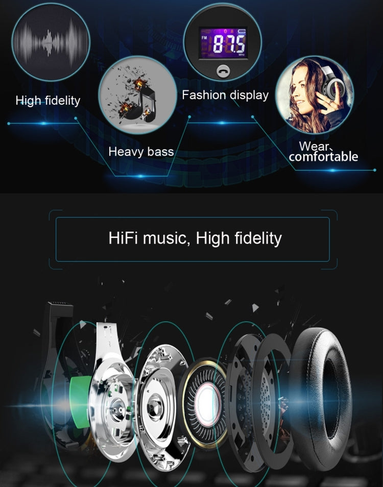 Casque audio stéréo Bluetooth pliable Zealot B19 avec affichage pour iPhone, Galaxy, Huawei, Xiaomi, LG, HTC et autres smartphones