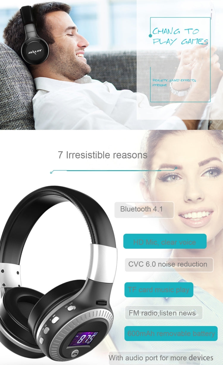 Casque audio stéréo Bluetooth pliable Zealot B19 avec affichage pour iPhone, Galaxy, Huawei, Xiaomi, LG, HTC et autres smartphones