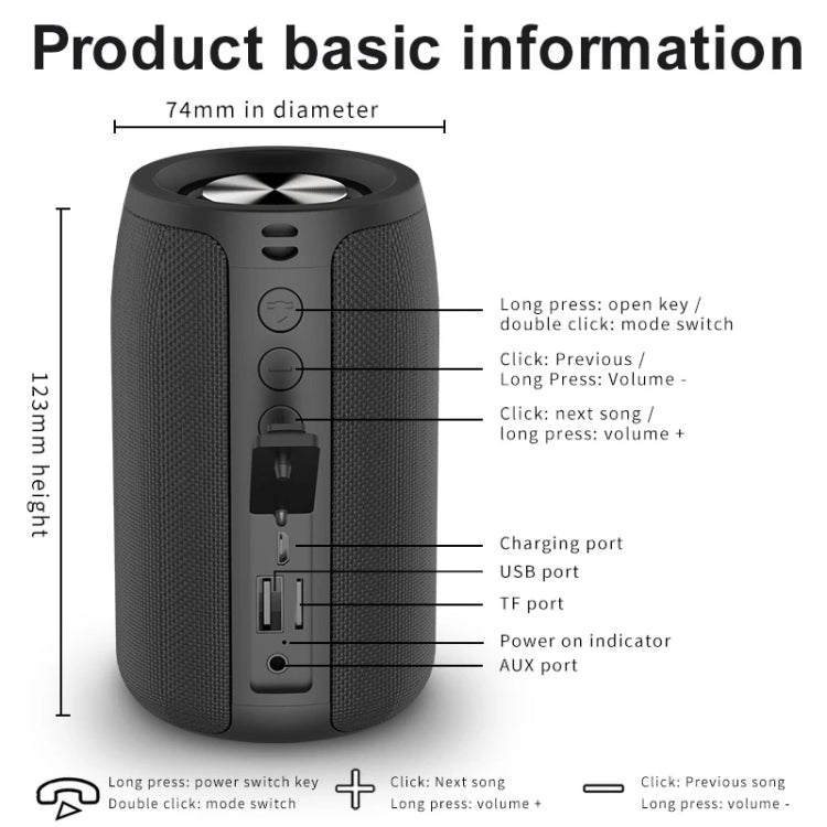 Enceinte Bluetooth sans fil ZEALOT S32 5W HiFi Bass, support mains libres / USB / AUX, S32