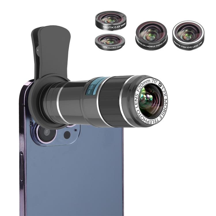 HAUTIK HK-002 Kit d'objectifs 5 en 1 : Fisheye 180 degrés + Macro et Grand angle 0,65x + Téléobjectif 12x + Objectif Star Line, HK-002