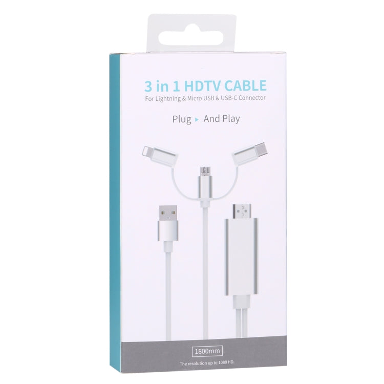 Câble adaptateur 3 en 1 Micro USB & 8 broches & Type-C vers HDMI HD 1080P HDTV