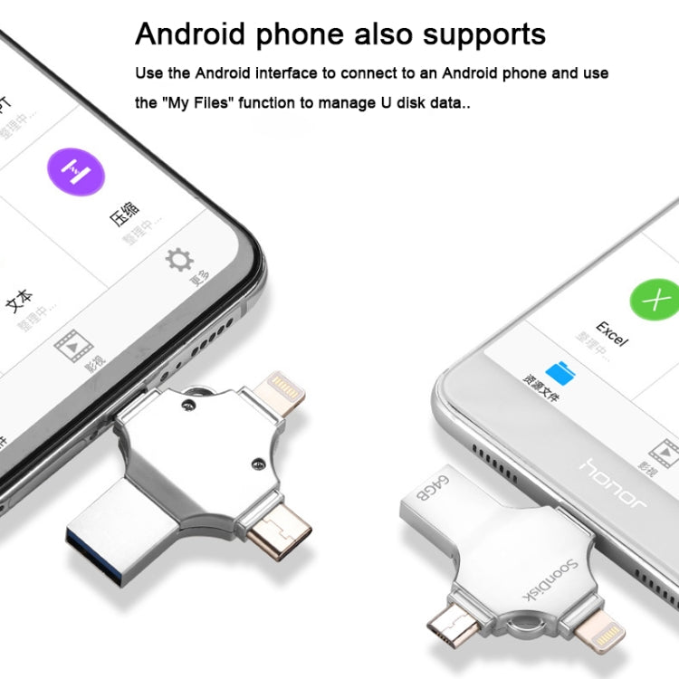 Clé USB double usage 4-en-1 64 Go USB 3.0 + 8 broches + Micro USB + USB-C / Type-C avec fonction OTG, 64 Go