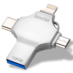 Clé USB double usage 4-en-1 128 Go USB 3.0 + 8 broches + Micro USB + USB-C / Type-C avec fonction OTG, 128 Go