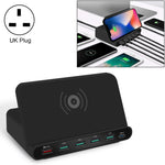 828W Chargeur multifonction 7 en 1 avec interface USB QC 3.0 de 60 W + 4 ports USB + interface USB-C / Type-C + chargement sans fil, avec fonction de support de téléphone portable, prise britannique, noir, prise britannique, blanc