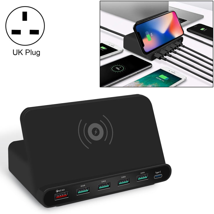 828W Chargeur multifonction 7 en 1 avec interface USB QC 3.0 de 60 W + 4 ports USB + interface USB-C / Type-C + chargement sans fil, avec fonction de support de téléphone portable, prise britannique, noir, prise britannique, blanc