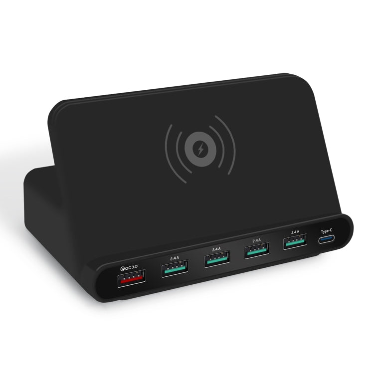 828W Chargeur multifonction 7 en 1 avec interface USB QC 3.0 de 60 W + 4 ports USB + interface USB-C / Type-C + chargement sans fil, avec fonction de support de téléphone portable, prise britannique, noir, prise britannique, blanc