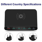 828W Chargeur multifonction 7 en 1 avec interface USB QC 3.0 de 60 W + 4 ports USB + interface USB-C / Type-C + chargement sans fil, avec fonction de support de téléphone portable, prise britannique, noir, prise britannique, blanc