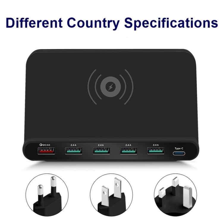 828W Chargeur multifonction 7 en 1 avec interface USB QC 3.0 de 60 W + 4 ports USB + interface USB-C / Type-C + chargement sans fil, avec fonction de support de téléphone portable, prise britannique, noir, prise britannique, blanc