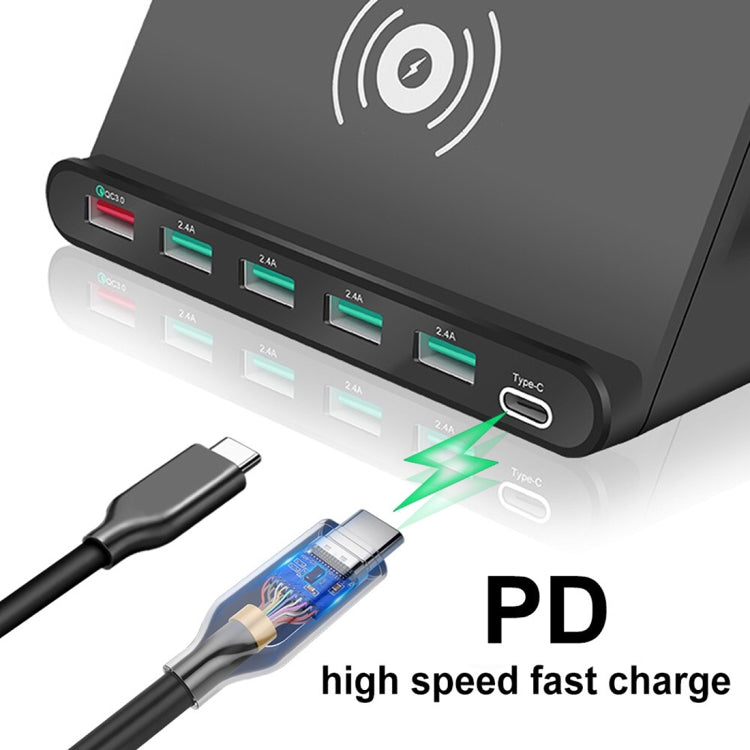 828W Chargeur multifonction 7 en 1 avec interface USB QC 3.0 de 60 W + 4 ports USB + interface USB-C / Type-C + chargement sans fil, avec fonction de support de téléphone portable, prise britannique, noir, prise britannique, blanc