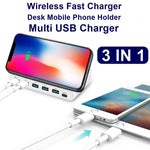 828W Chargeur multifonction 7 en 1 avec interface USB QC 3.0 de 60 W + 4 ports USB + interface USB-C / Type-C + chargement sans fil, avec fonction de support de téléphone portable, prise britannique, noir, prise britannique, blanc