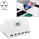 828W Chargeur multifonction 7 en 1 avec interface USB QC 3.0 de 60 W + 4 ports USB + interface USB-C / Type-C + chargement sans fil, avec fonction de support de téléphone portable, prise britannique, noir, prise britannique, blanc
