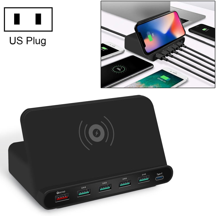 Chargeur multifonction 828W 7 en 1 60W avec interface USB QC 3.0 + 4 ports USB + interface USB-C / Type-C + chargement sans fil et fonction de support de téléphone portable, prise US, noir, prise US, blanc