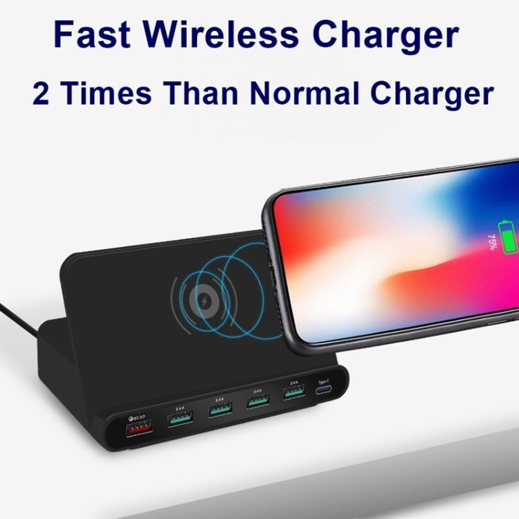 Chargeur multifonction 828W 7 en 1 60W avec interface USB QC 3.0 + 4 ports USB + interface USB-C / Type-C + chargement sans fil et fonction de support de téléphone portable, prise US, noir, prise US, blanc