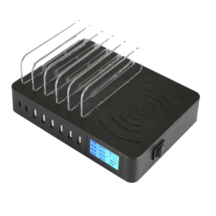 Chargeur multifonction 50 W avec 6 ports USB + 2 ports USB-C/Type-C + chargement sans fil, affichage LED et cadre détachable, prise UE