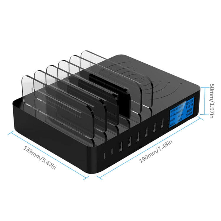 Chargeur multifonction 50 W avec 6 ports USB + 2 ports USB-C/Type-C + chargement sans fil, affichage LED et cadre détachable, prise UE