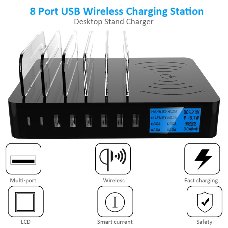 Chargeur multifonction 50 W avec 6 ports USB + 2 ports USB-C/Type-C + chargement sans fil, affichage LED et cadre détachable, prise UE