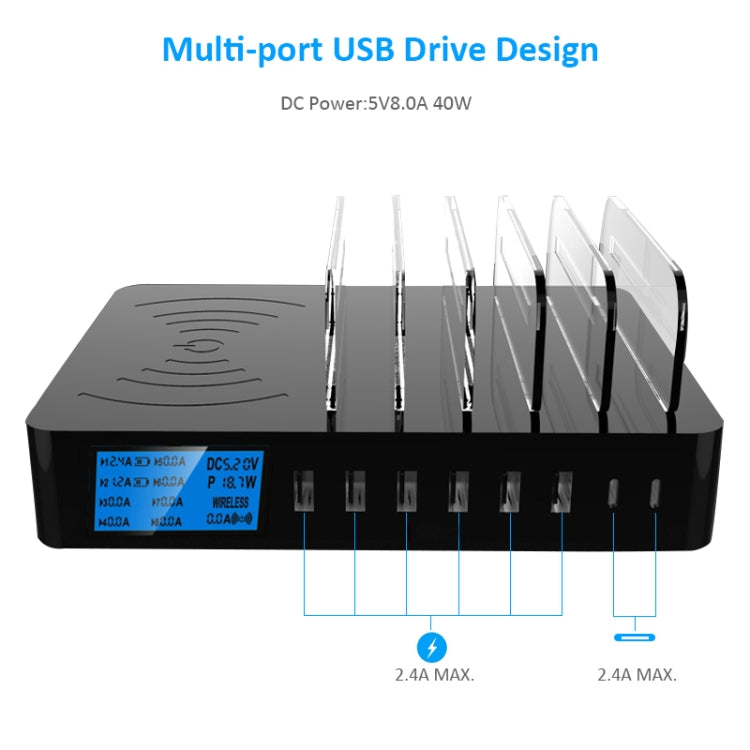 Chargeur multifonction 50W avec 6 ports USB + 2 ports USB-C / Type-C + chargement sans fil avec affichage LED et cadre détachable, prise AU