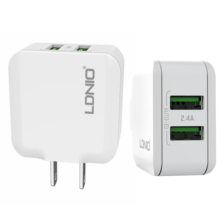 LDNIO A2201 2.4A Double Tête de Charge USB Adaptateur Chargeur Téléphone Portable à Charge Directe avec Câble de Données 8 Broches, 8 Broches