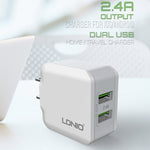 LDNIO A2201 2.4A Double Tête de Charge USB Adaptateur Chargeur Téléphone Portable à Charge Directe avec Câble de Données 8 Broches, 8 Broches