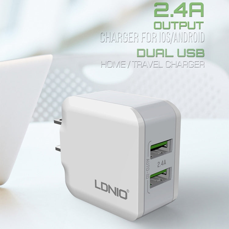LDNIO A2201 2.4A Double Tête de Charge USB Adaptateur Chargeur Téléphone Portable à Charge Directe avec Câble de Données 8 Broches, 8 Broches