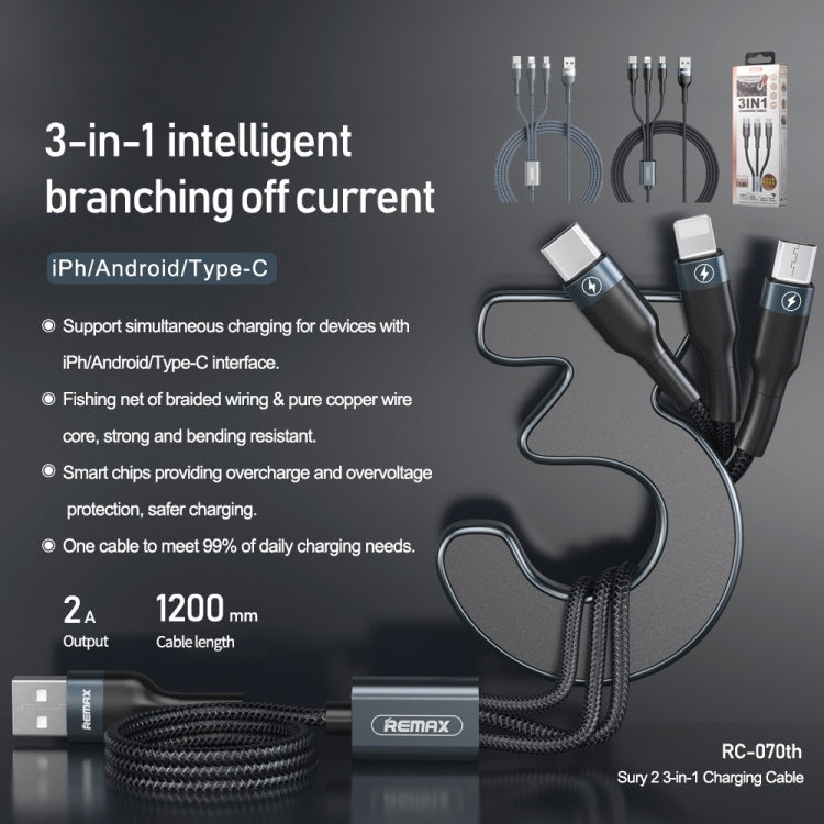 Câble de charge REMAX RC-070TH 1,2 m 2 A 3 en 1 USB vers 8 broches et USB-C/Type-C et Micro USB