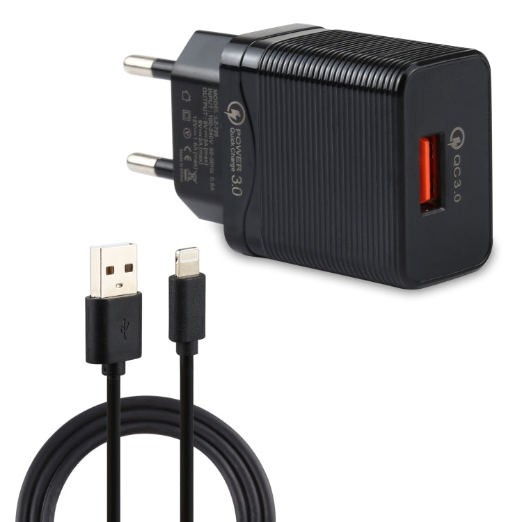 Ensemble chargeur de voyage LZ-728 2 en 1 18W QC 3.0 USB + câble de données USB vers 8 broches, Prise EU, longueur du câble : 1m, avec câble 8 broches