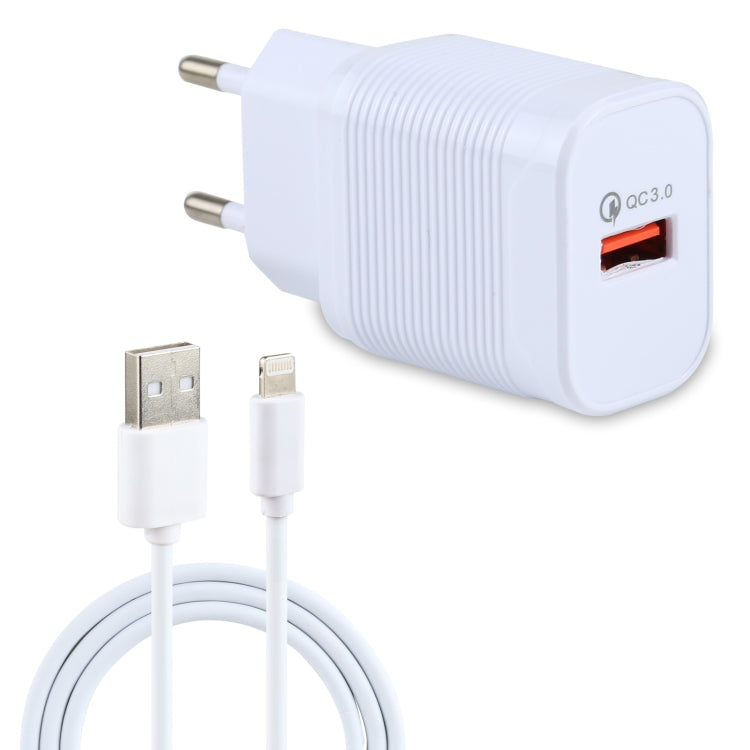Ensemble chargeur de voyage LZ-728 2 en 1 18W QC 3.0 USB + câble de données USB vers 8 broches, Prise EU, longueur du câble : 1m, avec câble 8 broches