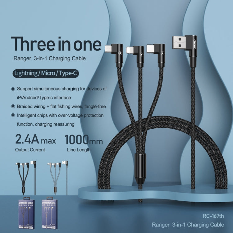 Câble de charge coudé REMAX RC-167th 3 en 1 2.1A USB vers 8 broches + USB-C / Type-C + Micro USB série Range, longueur de câble : 1m
