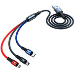 K061 Câble de charge rapide rond 3 en 1 USB vers 8 broches + USB-C / Type-C + Micro USB de 1,2 m 5A