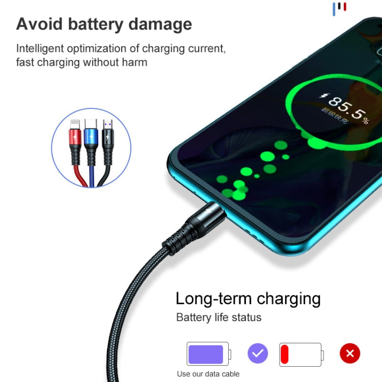 K061 Câble de charge rapide rond 3 en 1 USB vers 8 broches + USB-C / Type-C + Micro USB de 1,2 m 5A