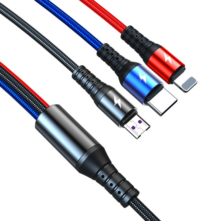K061 Câble de charge rapide rond 3 en 1 USB vers 8 broches + USB-C / Type-C + Micro USB de 1,2 m 5A