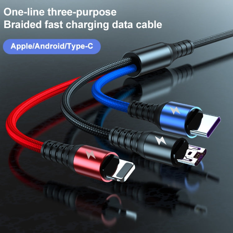 K061 Câble de charge rapide rond 3 en 1 USB vers 8 broches + USB-C / Type-C + Micro USB de 1,2 m 5A