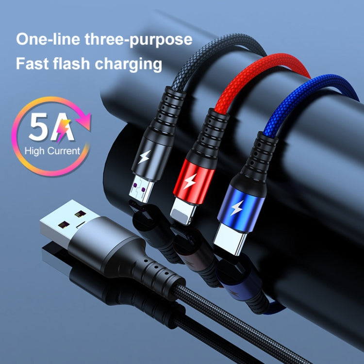 K061 Câble de charge rapide rond 3 en 1 USB vers 8 broches + USB-C / Type-C + Micro USB de 1,2 m 5A