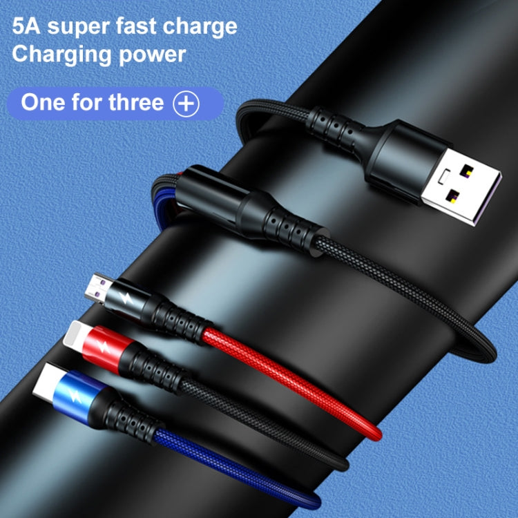 K061 Câble de charge rapide rond 3 en 1 USB vers 8 broches + USB-C / Type-C + Micro USB de 1,2 m 5A